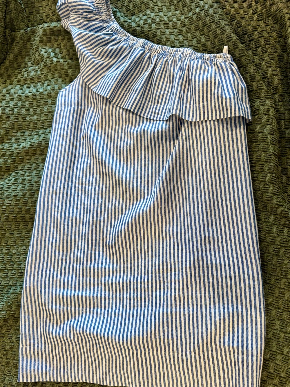 JCrew seersucker one shoulder asymmetrical dress. Blue/white stripes sz Med